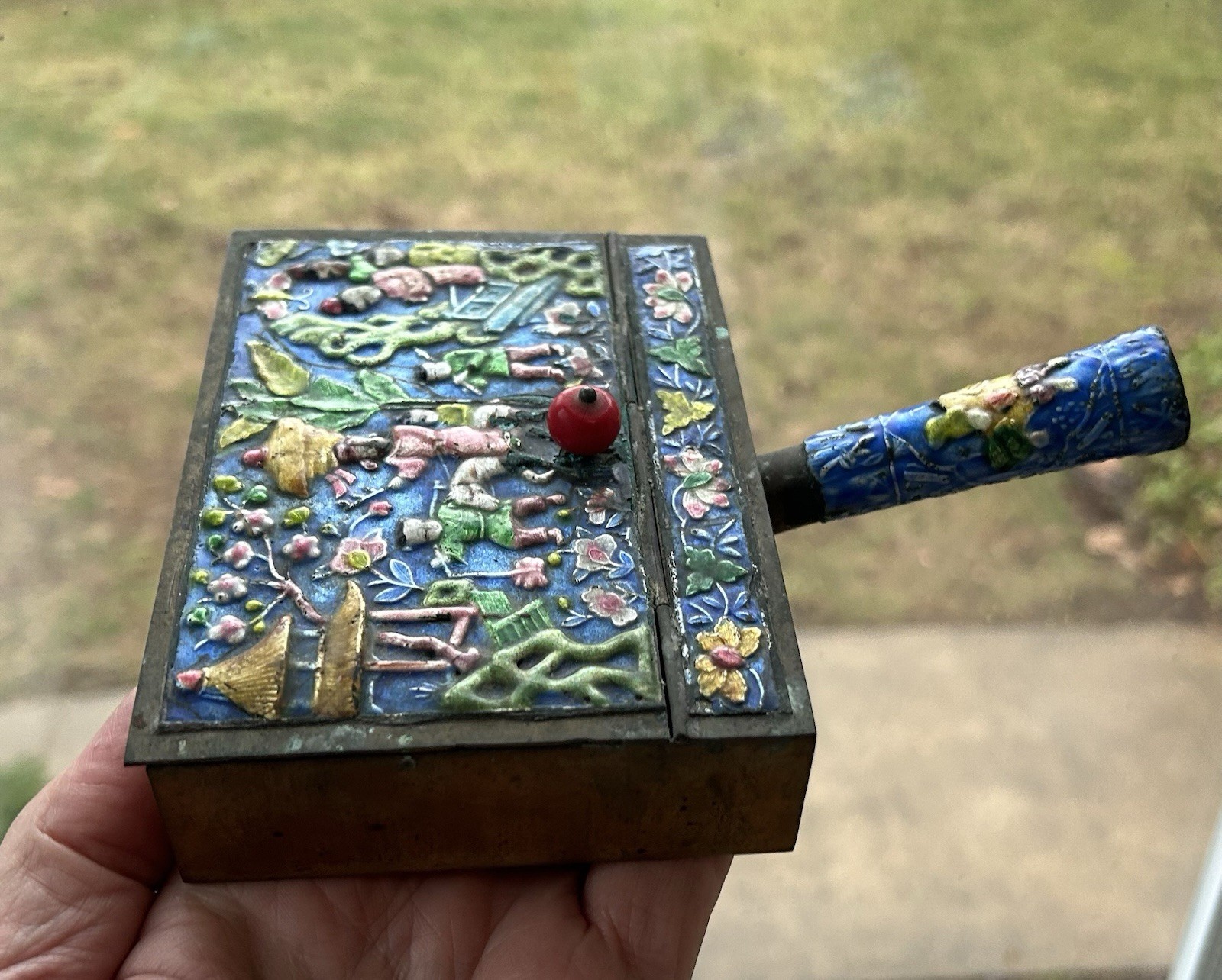 Antique Chinese Enameled Brass Silent Butler, Ashtray, Crumb Catcher sgn China