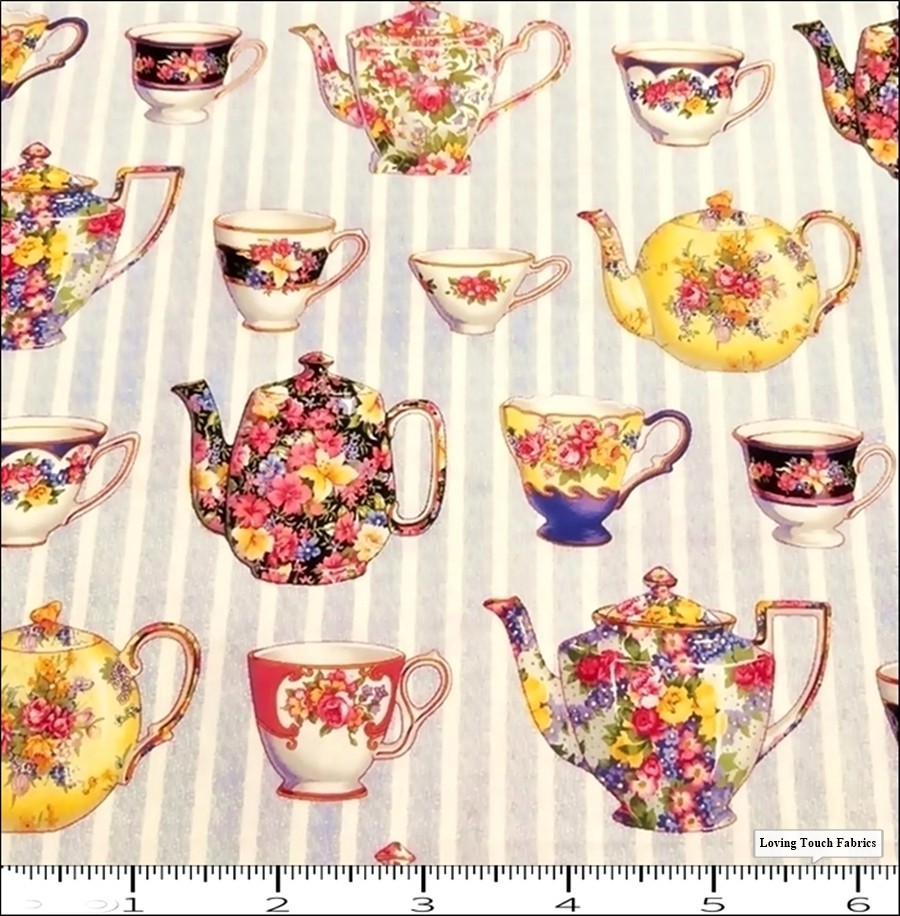 TEA PARLOUR, TEA POTS, TEA CUPS, 4076, DAISY KINGDOM,FABRIC PRICED @ 1/2 YD