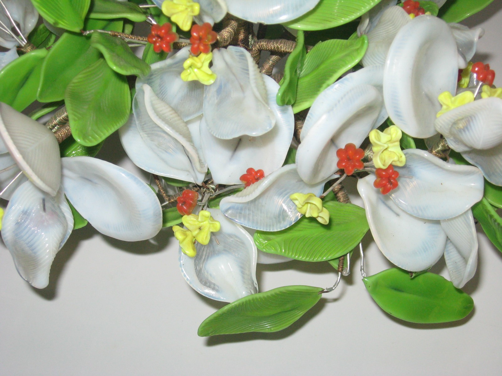 Large Jade/Glass Flower Arrangement Wrapped Wire~Crystal Base~13x14x11 Vintage