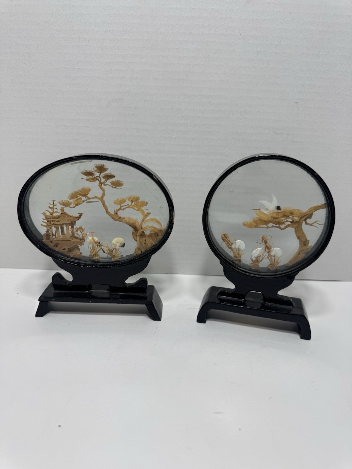 2 VINTAGE CHINESE SAN YOU DIORAMA CORK CARVING GLASS CASE PAGODA TREES & CRANES.