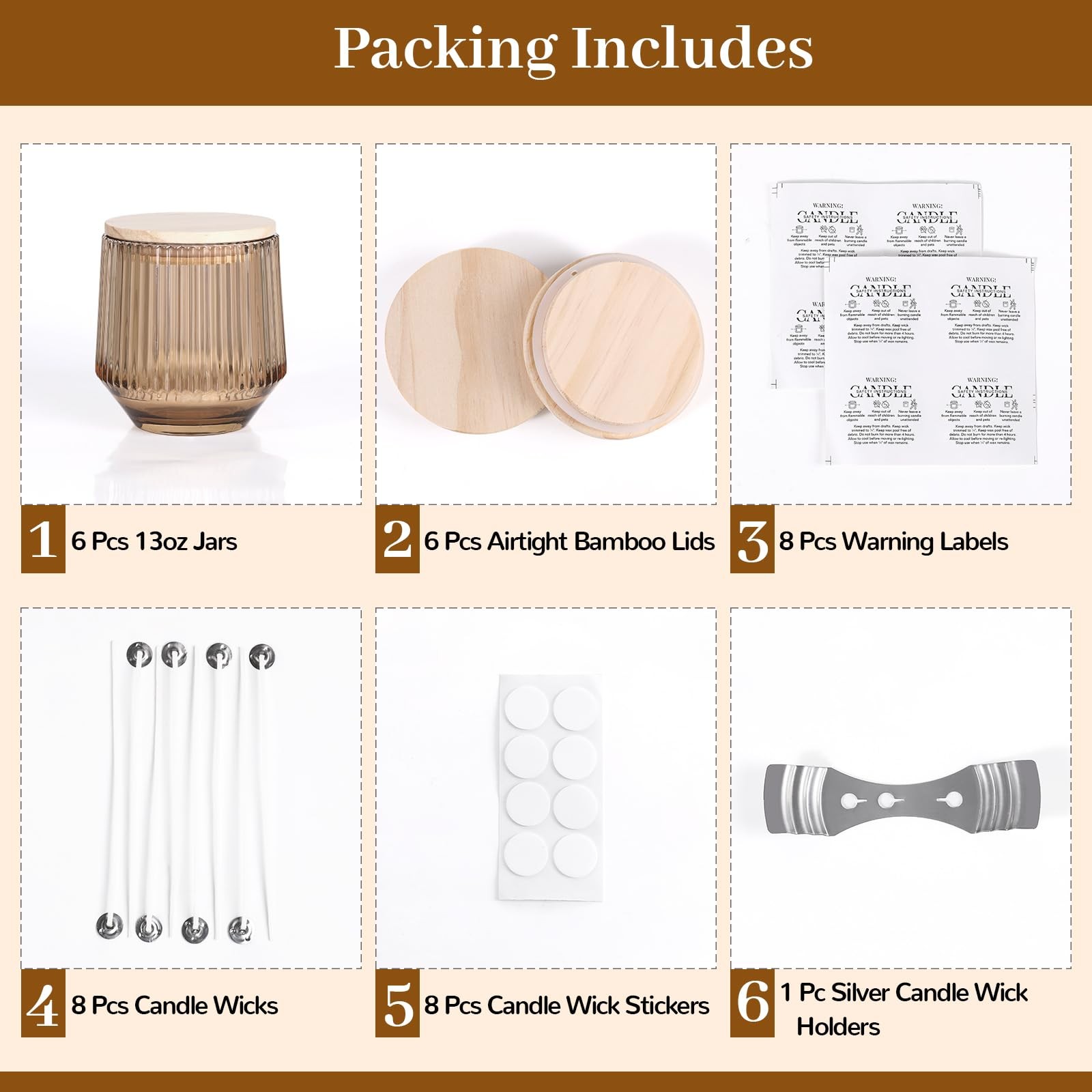 13 OZ Candle Making Kit – 6 Pack Amber Ribbed Glass Jars With Bamboo Lids and…