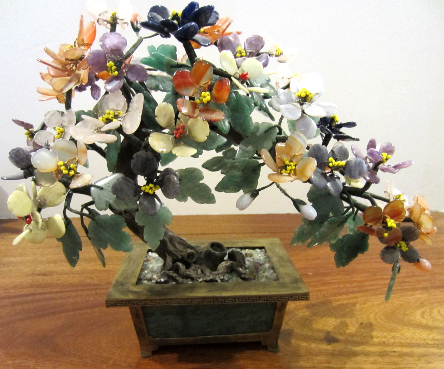 large jade/stone bonsai tree with many flowers of jade, agate, amethyst,& others