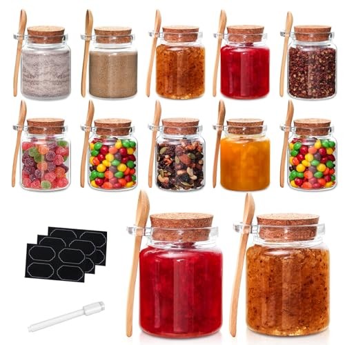 10oz Small Glass Storage Jars with Cork Lids and Spoons Yogurt Containers for