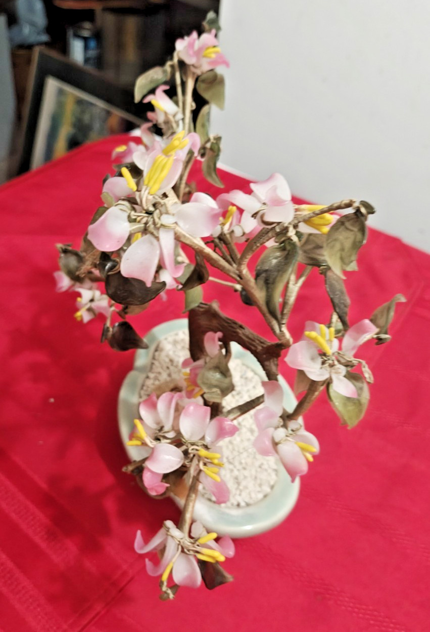 Multicolor Cherry Blossom Chinese Jade And Glass Flowering Bonsai Tree