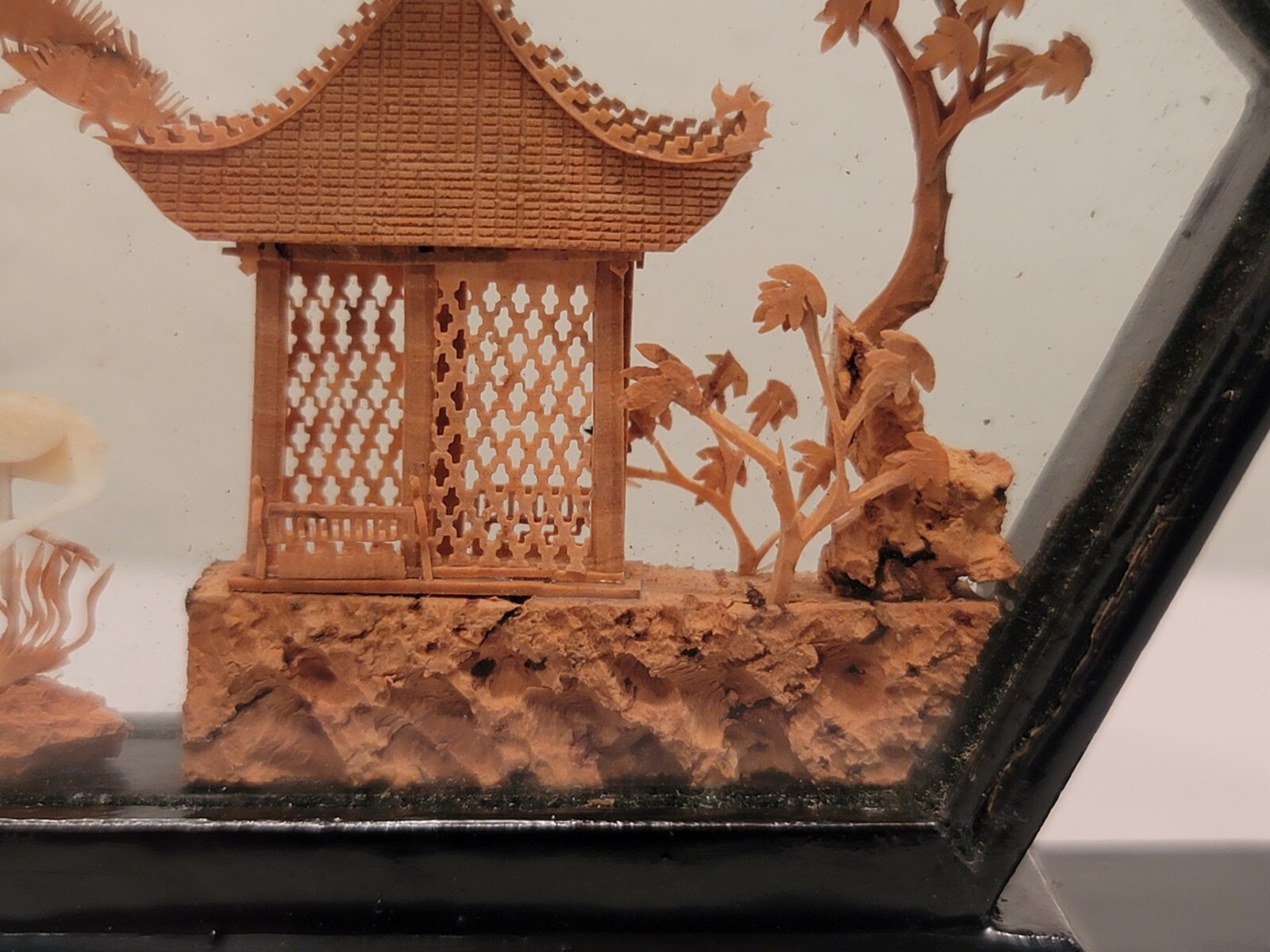 Chinese Cork & Wood Diorama Hand Carved Asian Crane Pagoda Tree Art Glass