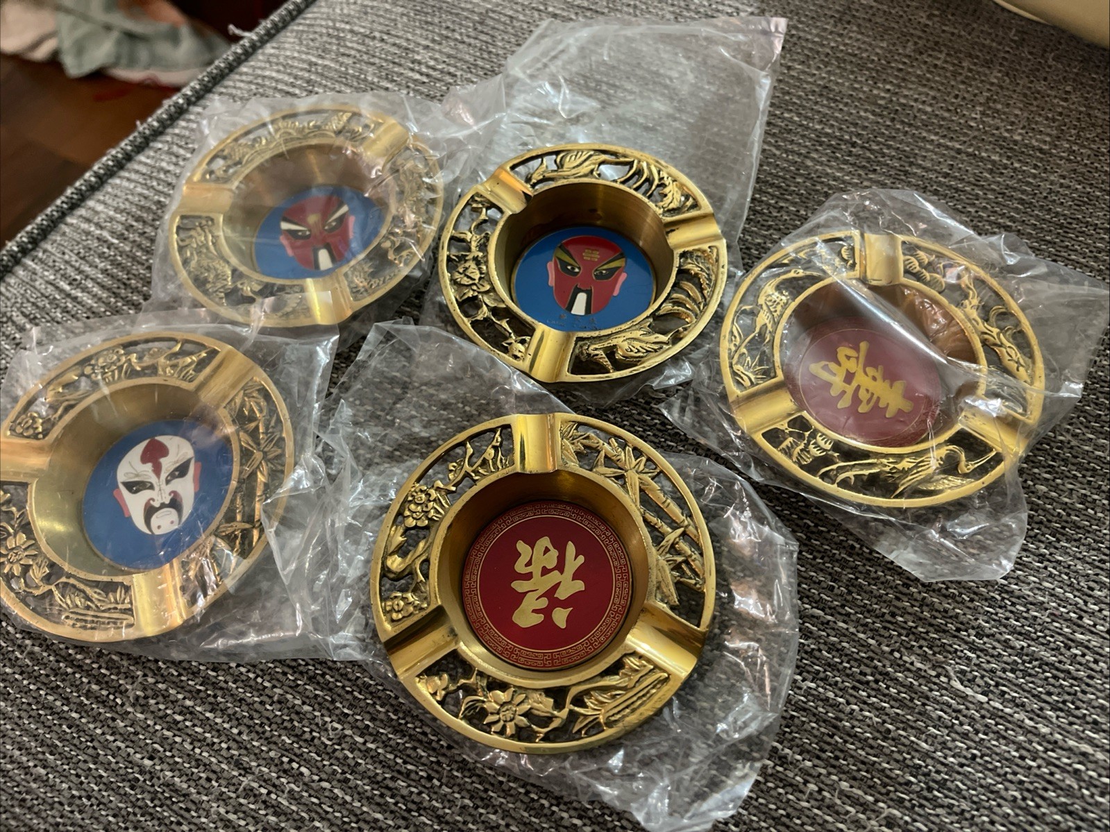 Set 5 Vintage Brass Ashtrays Chinese Opera Mask Designs Taiwan NOS Asian Decor