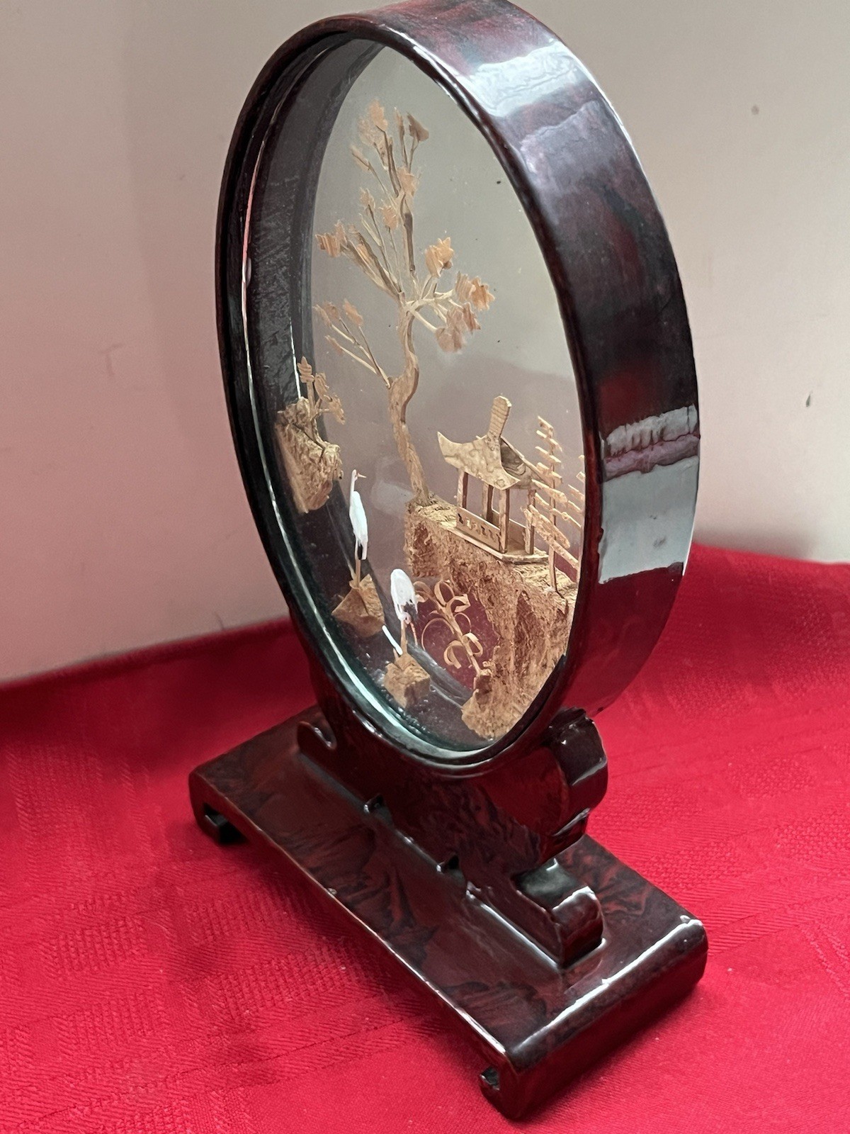 8” CHINESE 3D CARVED CORK ART DIORAMA OVAL GLASS SHOWCASE CRANES PAGODA TREES
