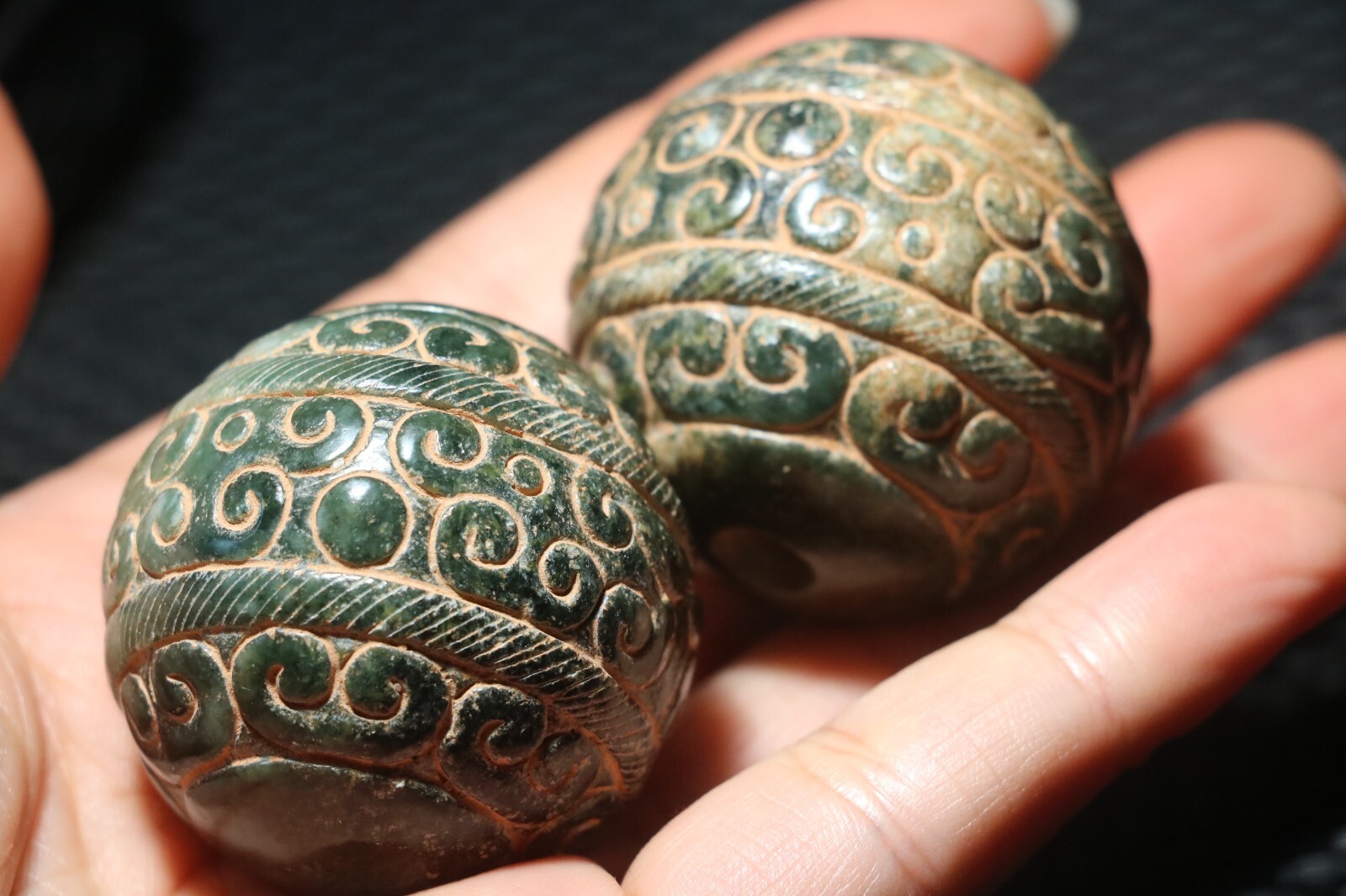 Pair of Chinese Hetian Old JADE Linking Fortune Large Ball Sphere Treasure 40MM