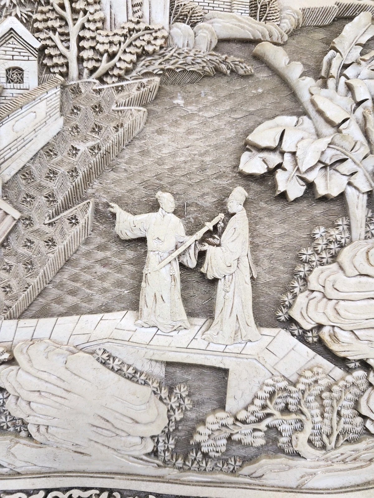 Vintage Asian Carved Look Resin Tray Landscape Figures Scene 14″ x 12″ Chinese