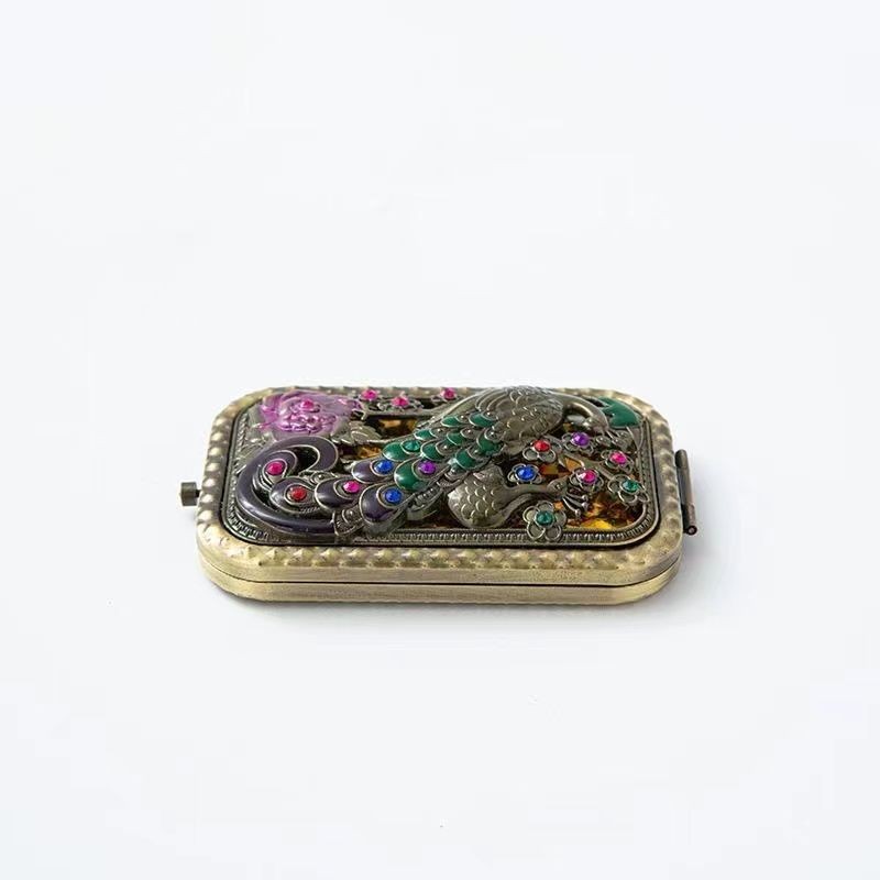 Cloisonne Retro Metal Makeup Mirror Portable Folding Double-Sided Pocket Mirror