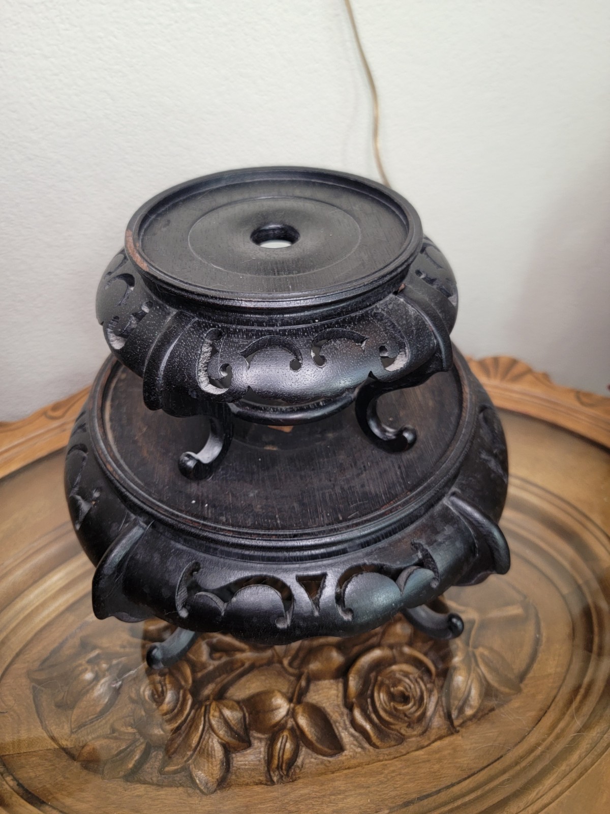 Vintage Chinese Dark Wood Footed Display Stand Footed Pedestal