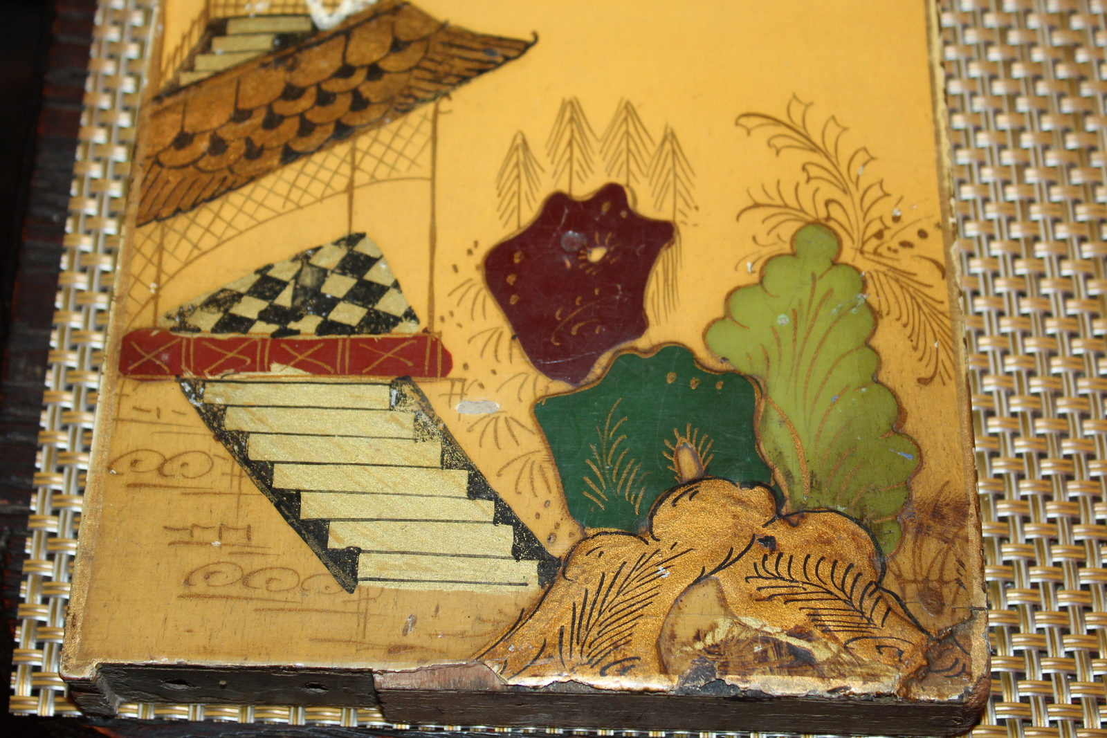 Pair Chinese Wood Painted Furniture Panels Village Trees