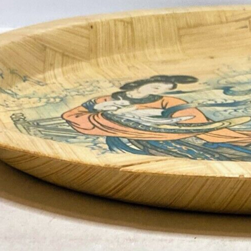 Bamboo Tray 13″ Wall Hanging VTG Chang’e Chinese Moon Goddess Rabbit