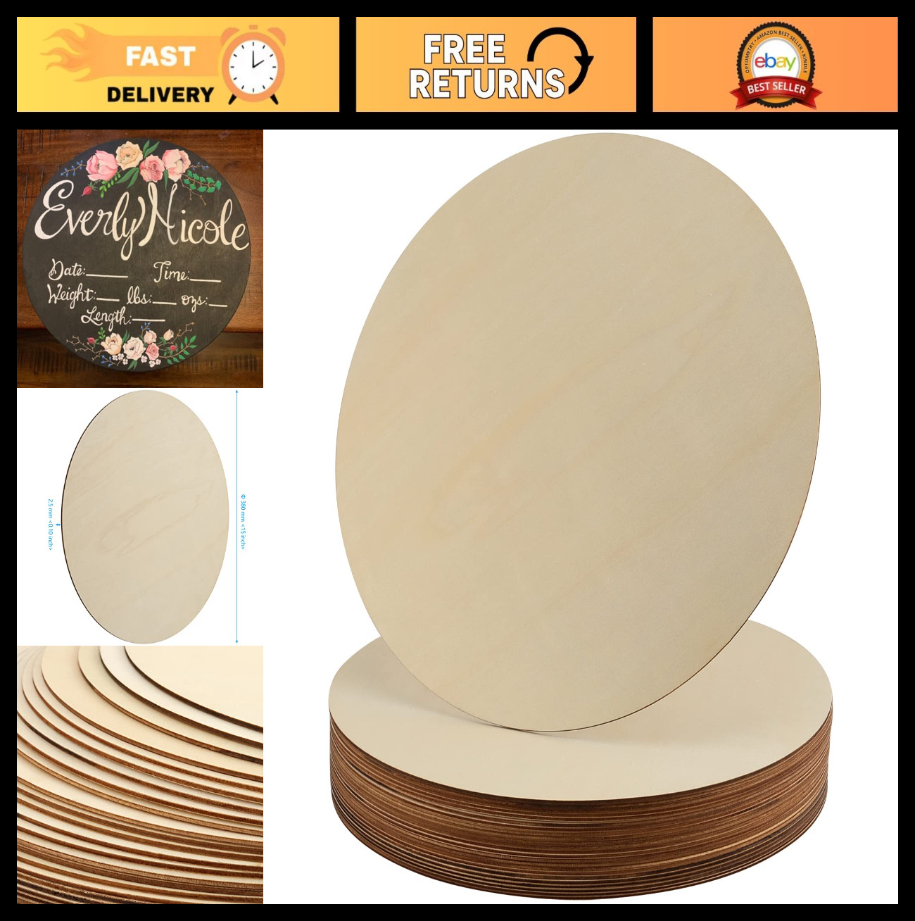 24 PCS 15″ Unfinished Wood Circles – Craft Discs for DIY Projects, Wall Art & De