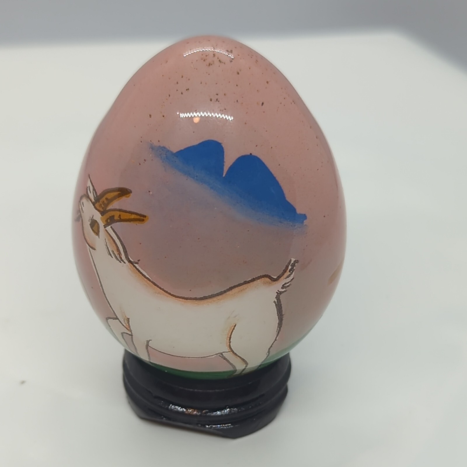 Chinese Reverse Hand-painted Art Glass Egg Depicting White Goat w/Stand 3.25″H