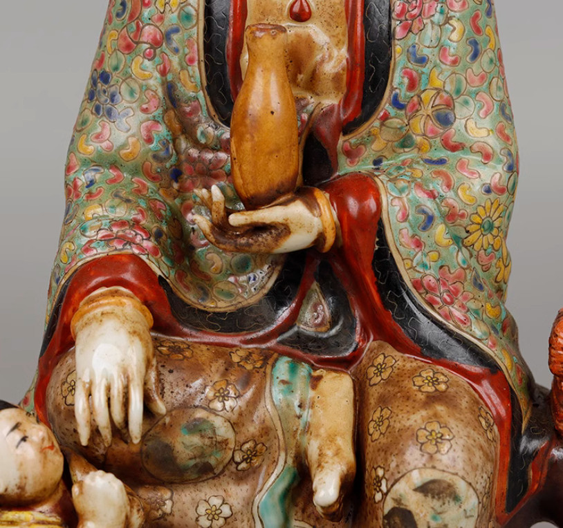 11.6″ Old Chinese Famille-rose Porcelain Children-Sending Guanyin Goddess Statue