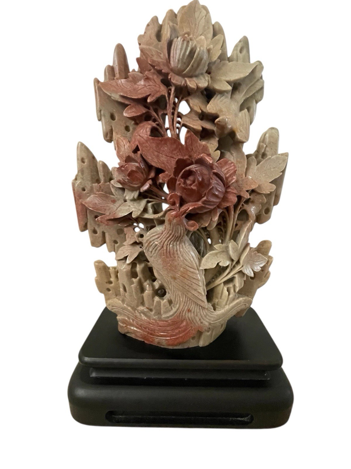 VTG 1940s Chinese Soapstone Floral Table Lamp Wood Base Chinoiserie 31”