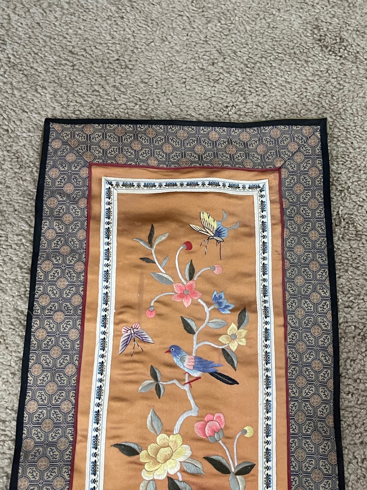 Vintage Antique Chinese Silk Embroidered Textile w/ Birds Floral & Butterfly Dec