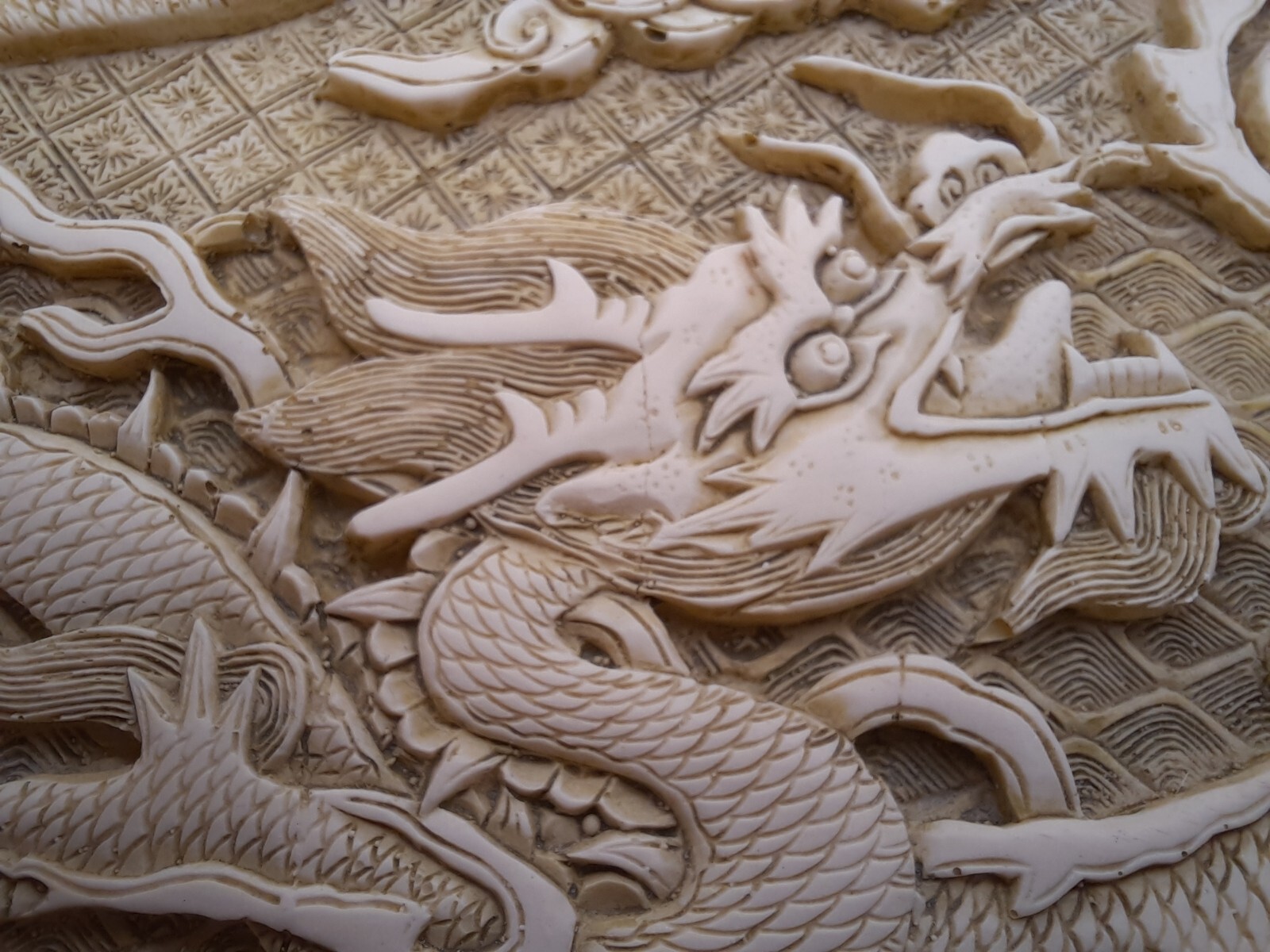 Vintage Asian Carved Resin High Relief Dragons Flaming Pearl and Florals Tray