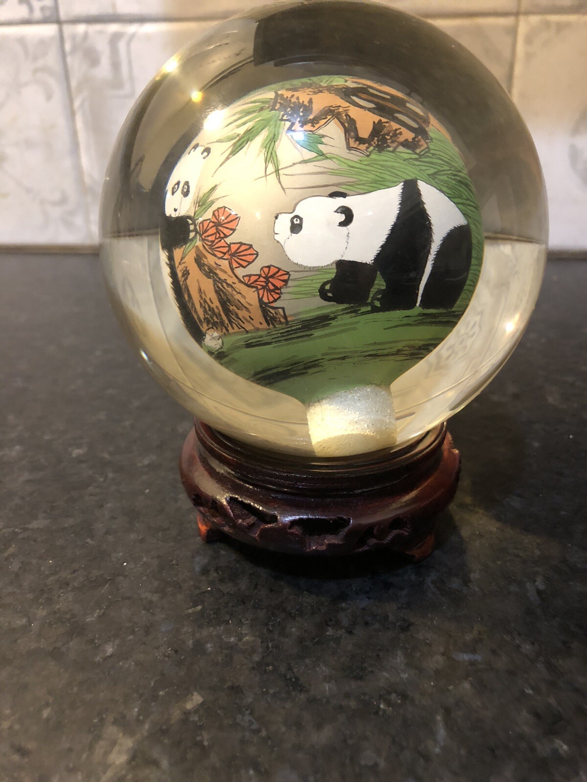 Chinese Glass Ball Sphere Reverse Hand Painted Pandas
