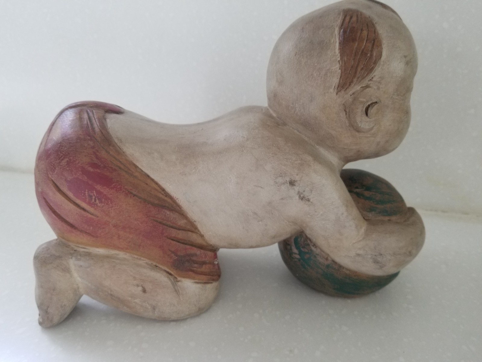 Vintage Chinese Opium Pillow Boy with Ball Solid Wood Headrest Hand Carved 9×7.5