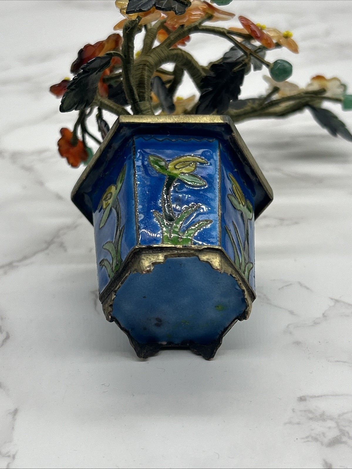 Chinese Carved Jade Agate Carnelian Quartz Flowers Bonsai Tree Cloisonne Enamel