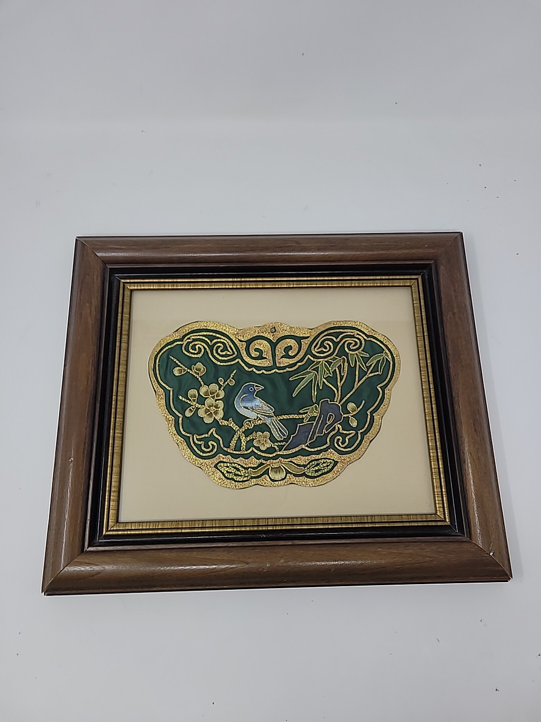 Two Framed Vintage Golden Cloud Green Chinese Hand Embroidered Panel