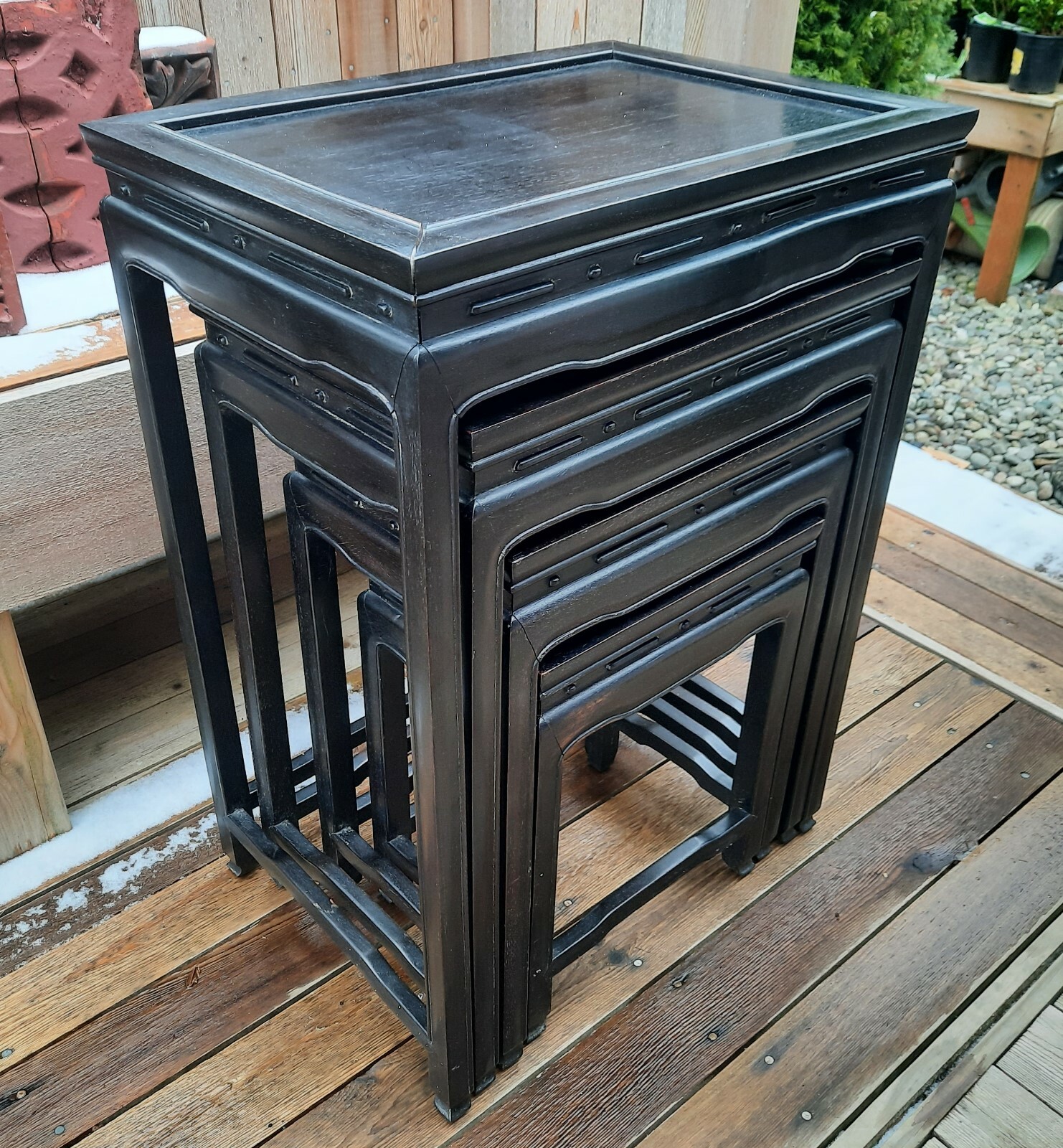 EBONIZED elegant chinese rosewood nesting tables vtg end side statue bowl stand