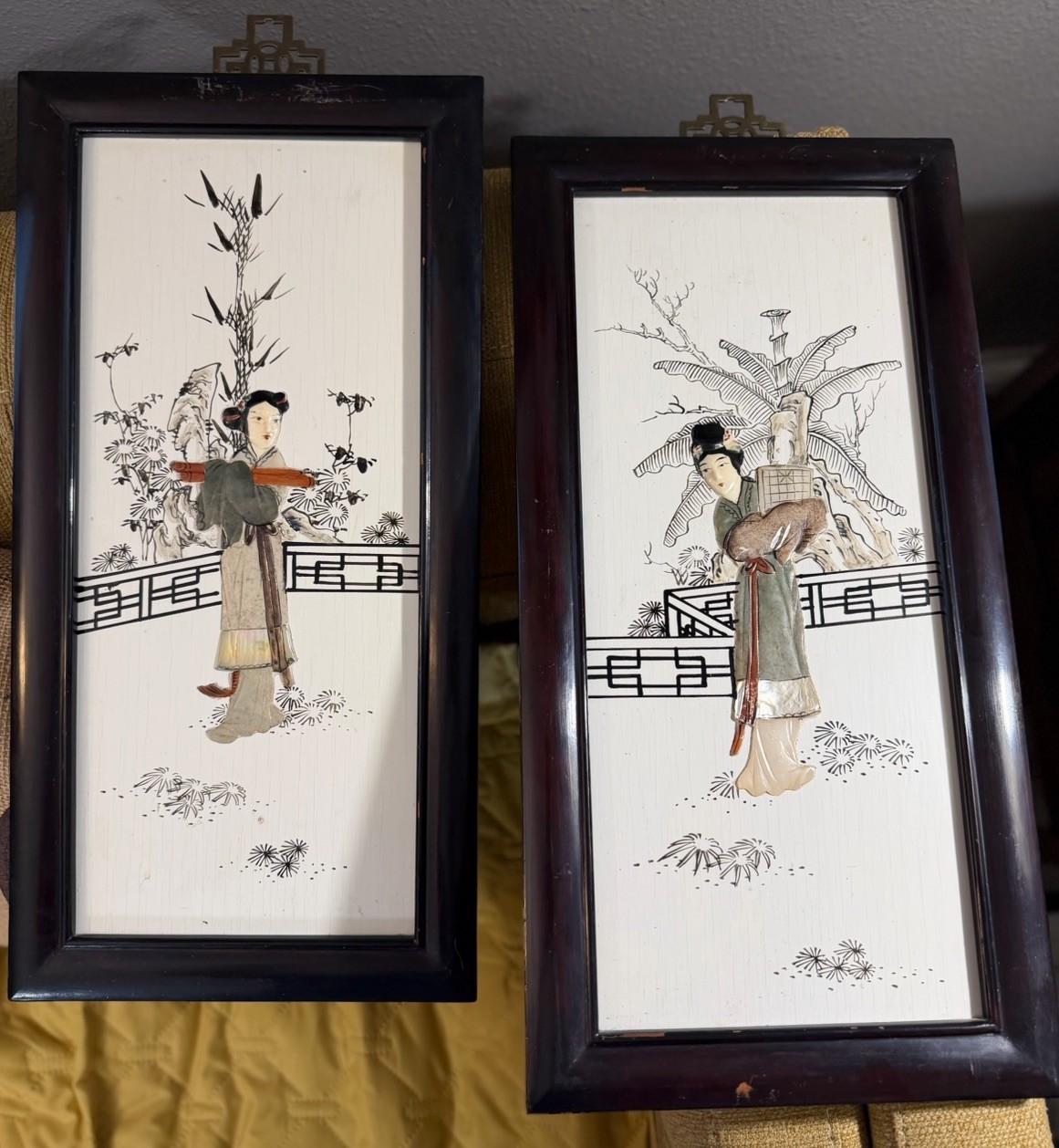 VTG Chinese Black Lacquer Wall Panels Pair Mother Pearl Inlay Geisha Art 19.5×9