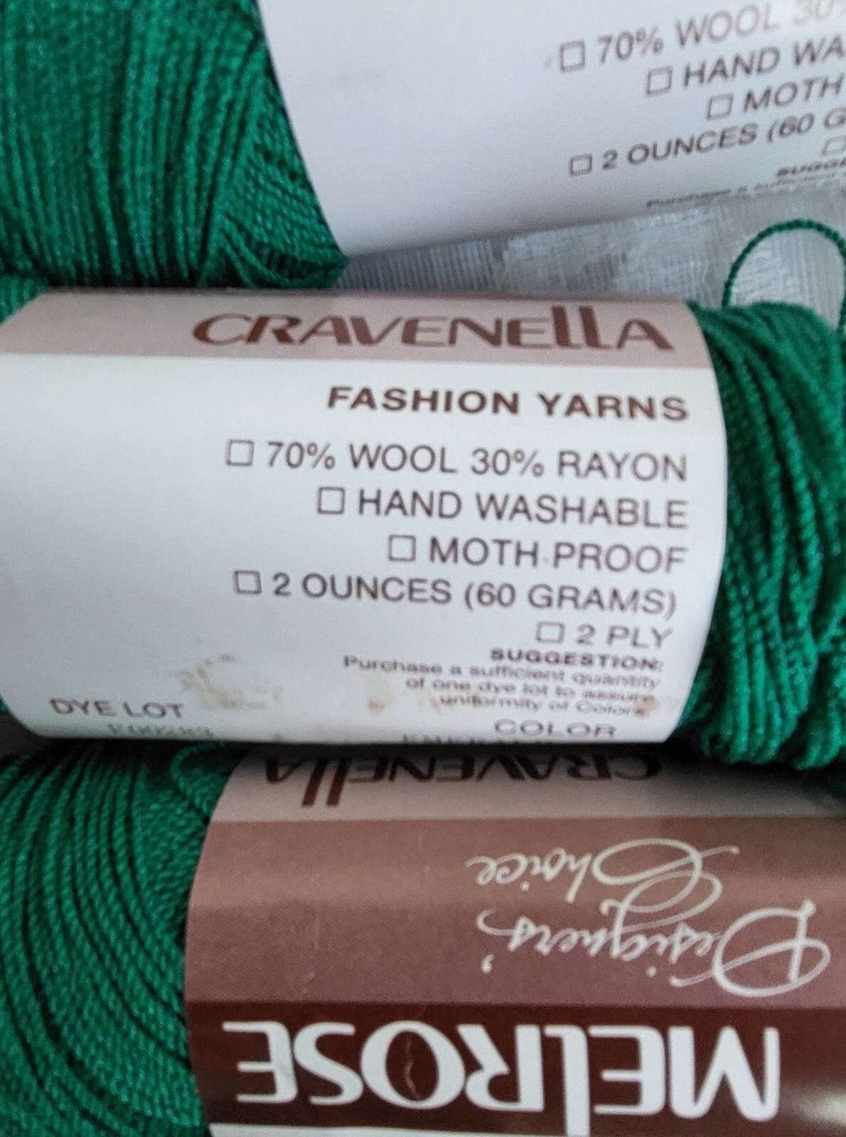 Lot of 7 Skeins MELROSE CRAVENELLA Fashio Yarn Emerald Color