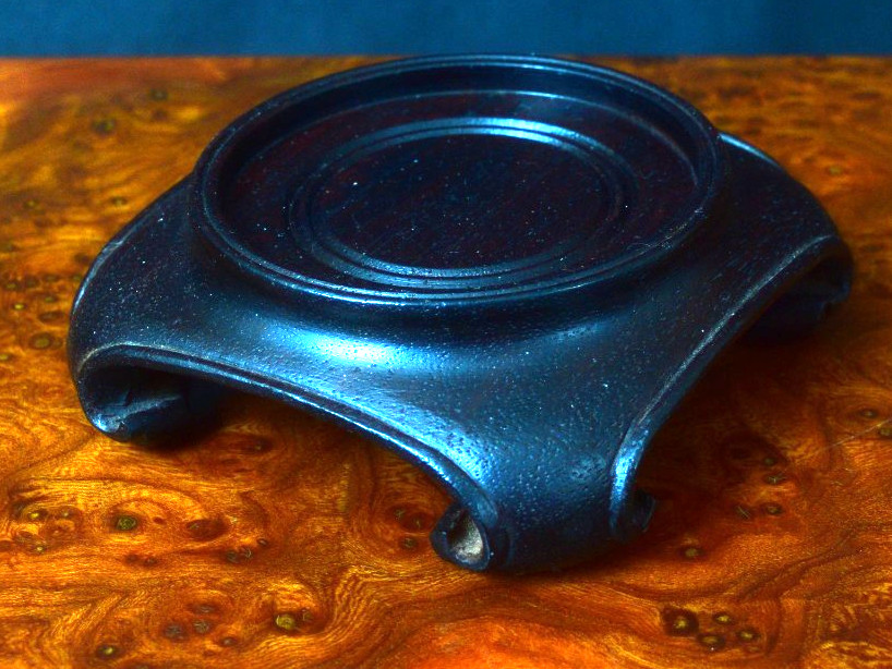 Vintage Chinese Round Brown Wood Stand w/Square Scroll base 2 1/2″ diam top S30