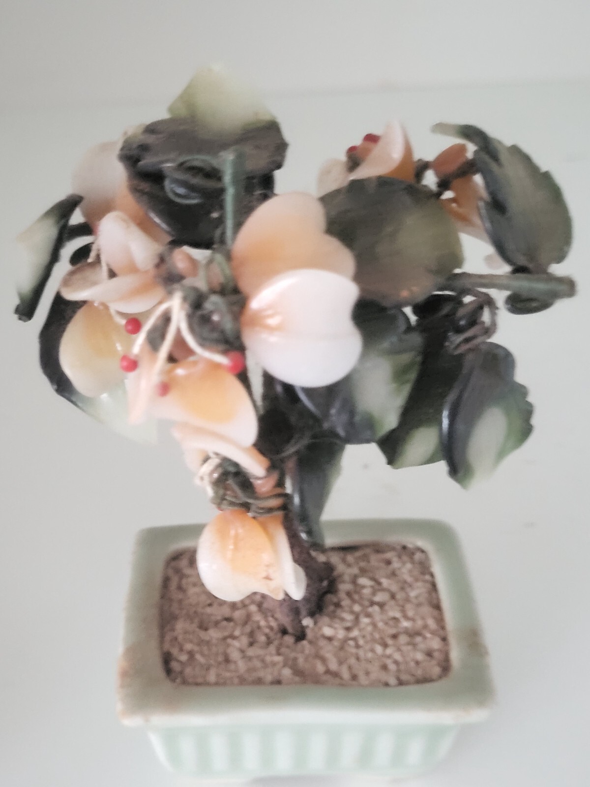 Vintage Glass/Jade Bonsai Tree Dark Green Leaves Peach Flowers Green Base