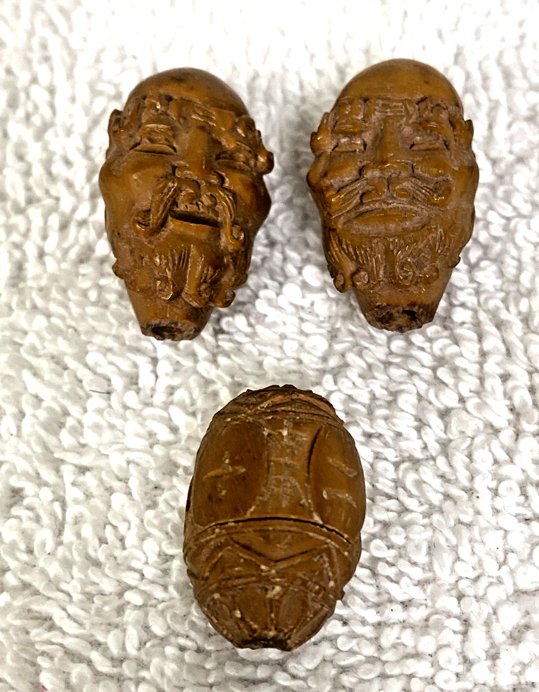 3 Chinese Hediao Deity Faces Symbols Hand Carved Nut Wood Beads 15/16″ – 1 1/8″