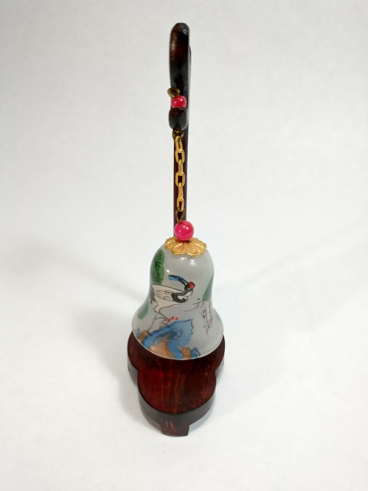 Chinese Asia Reverse Painted Glass Bell w/ Wood Dragon Stand Crane Birds Design