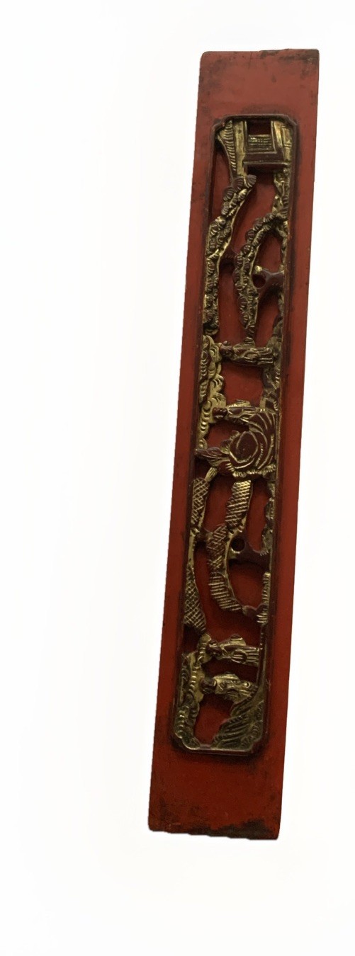 Chinoserie Hand Carved Wood Red Gilded 3D Relief Pagoda People Tree Garden Panel