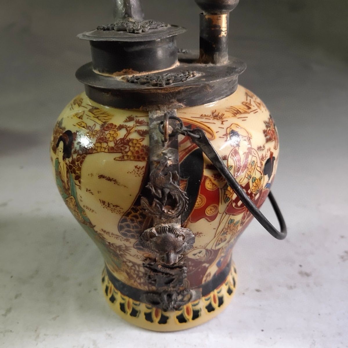 Antique Chinese Pure Copper Ceramic Hookah Hand Painted Figure Collectible