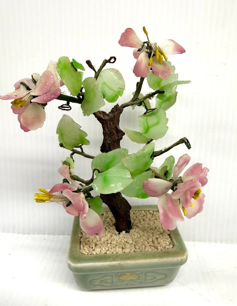 Vintage Jade Glass Cherry Blossom Bonsai Tree Pink Flowers 8” Celadon Pot