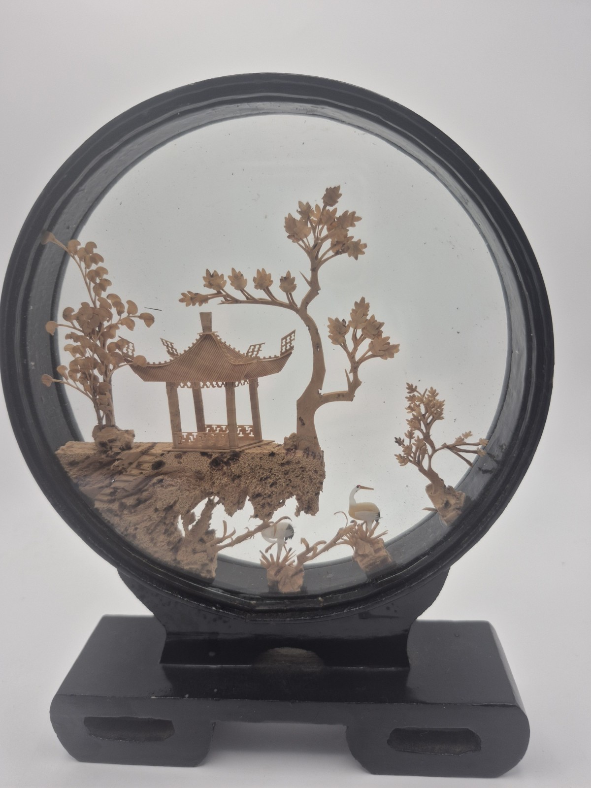 VTG Chinese Hand Carved Cork Diorama Shadow Box Asian Art Pagoda Cranes Trees