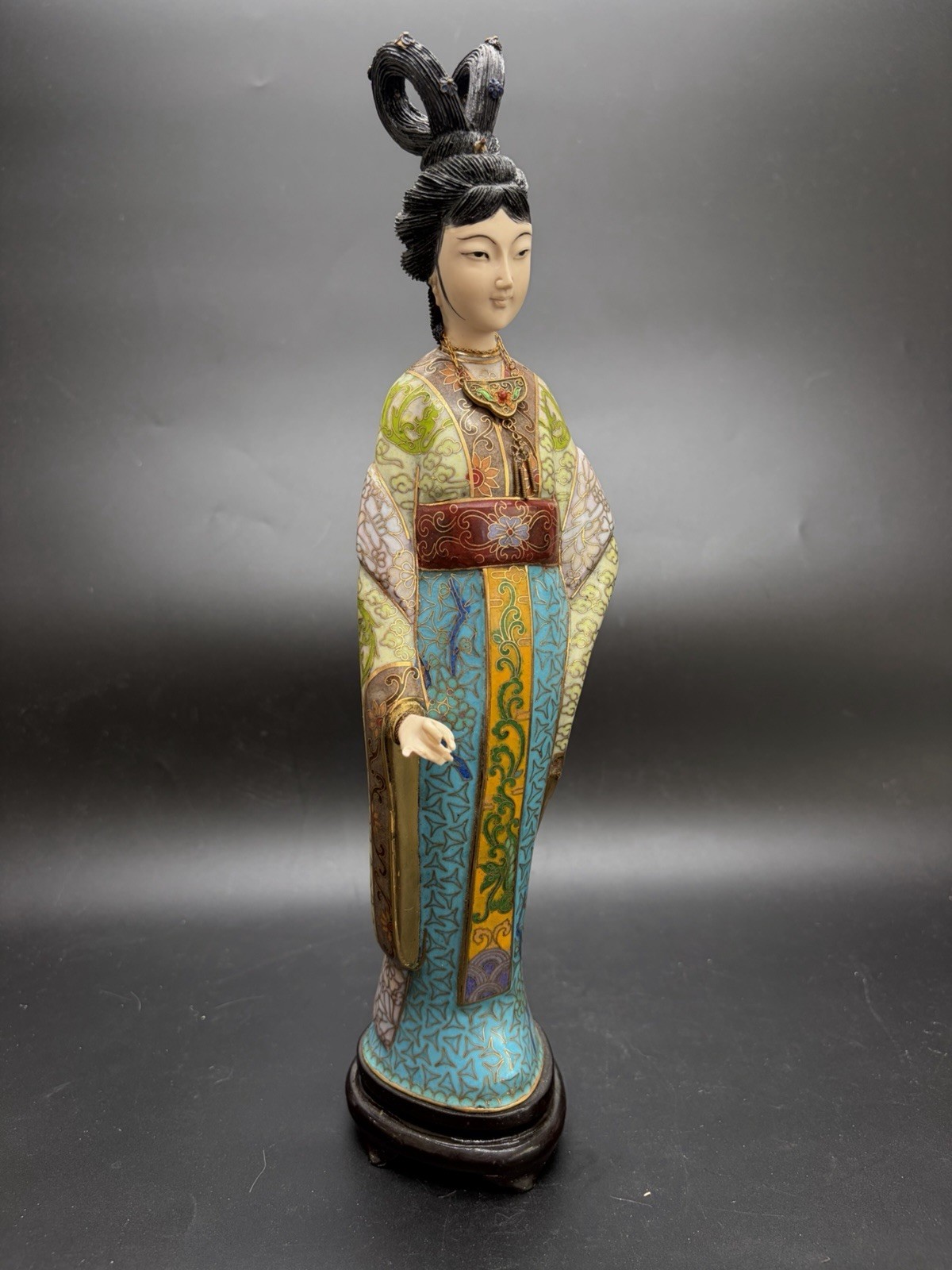 Gorgeous VTG Traditional Cloisonne Lady Figure Brass Enamel On Wood Base 13.5”