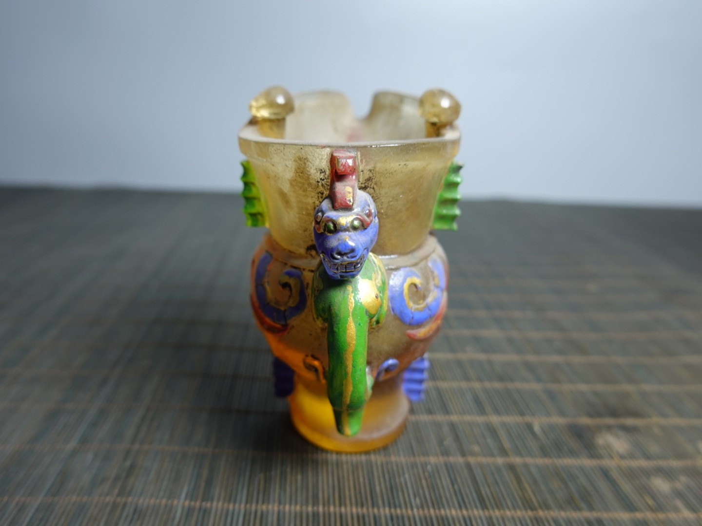 3.9″ Collect Old China Coloured Glaze Painted Beast Mask Taotie Design Jue Cup