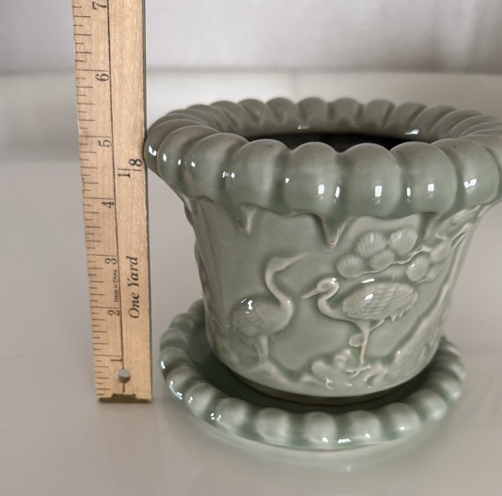 VTG Chinese Celadon Planter Pot With Scalloped Top And Tray Bonsai With Crane