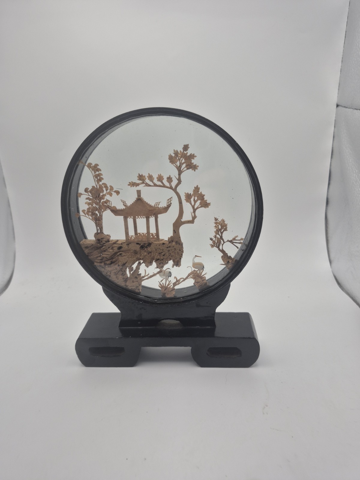VTG Chinese Hand Carved Cork Diorama Shadow Box Asian Art Pagoda Cranes Trees