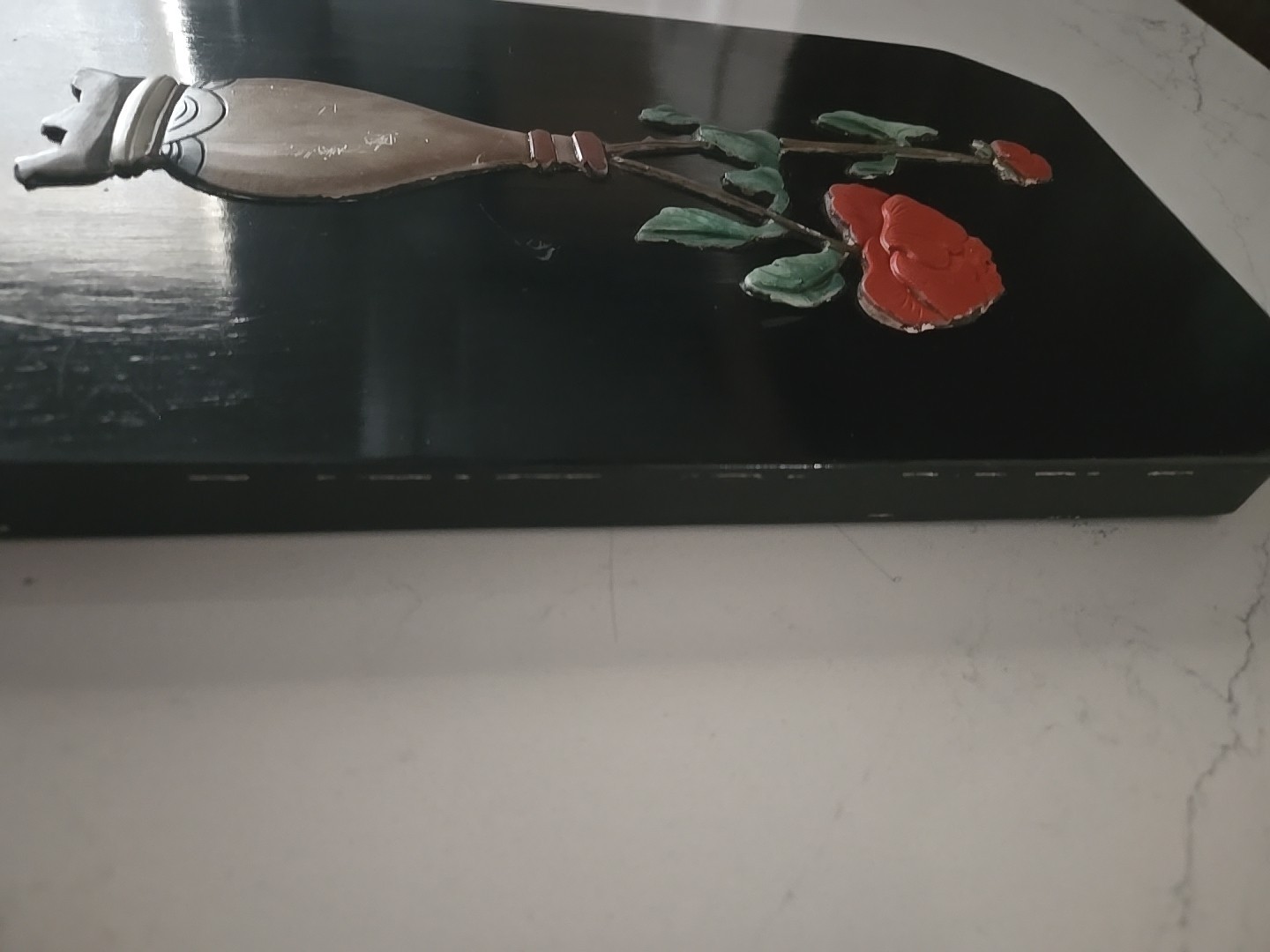 Black Lacquered Carved Soapstone Wall Decor W Flowers In Vase. 1950’s Asian