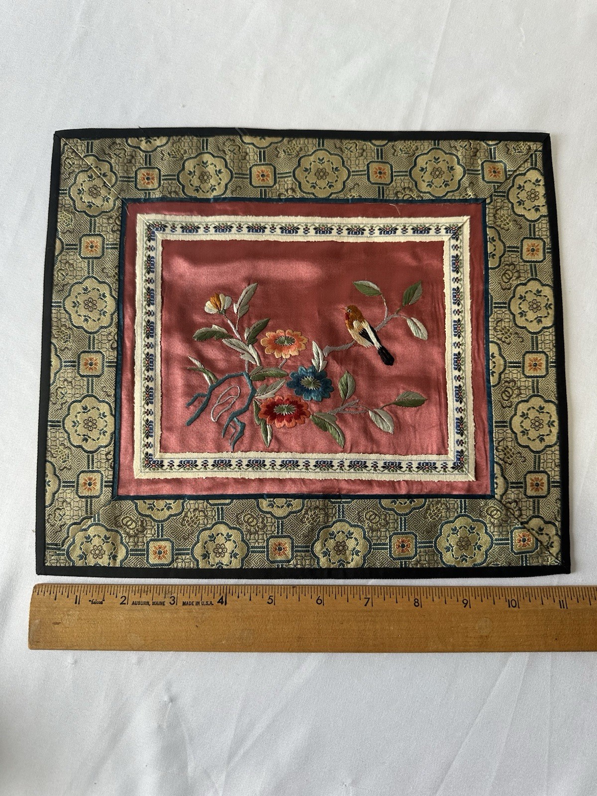 Vintage Chinese Silk Embroidered Square Textile Panel Patch 11×10 Floral Bird