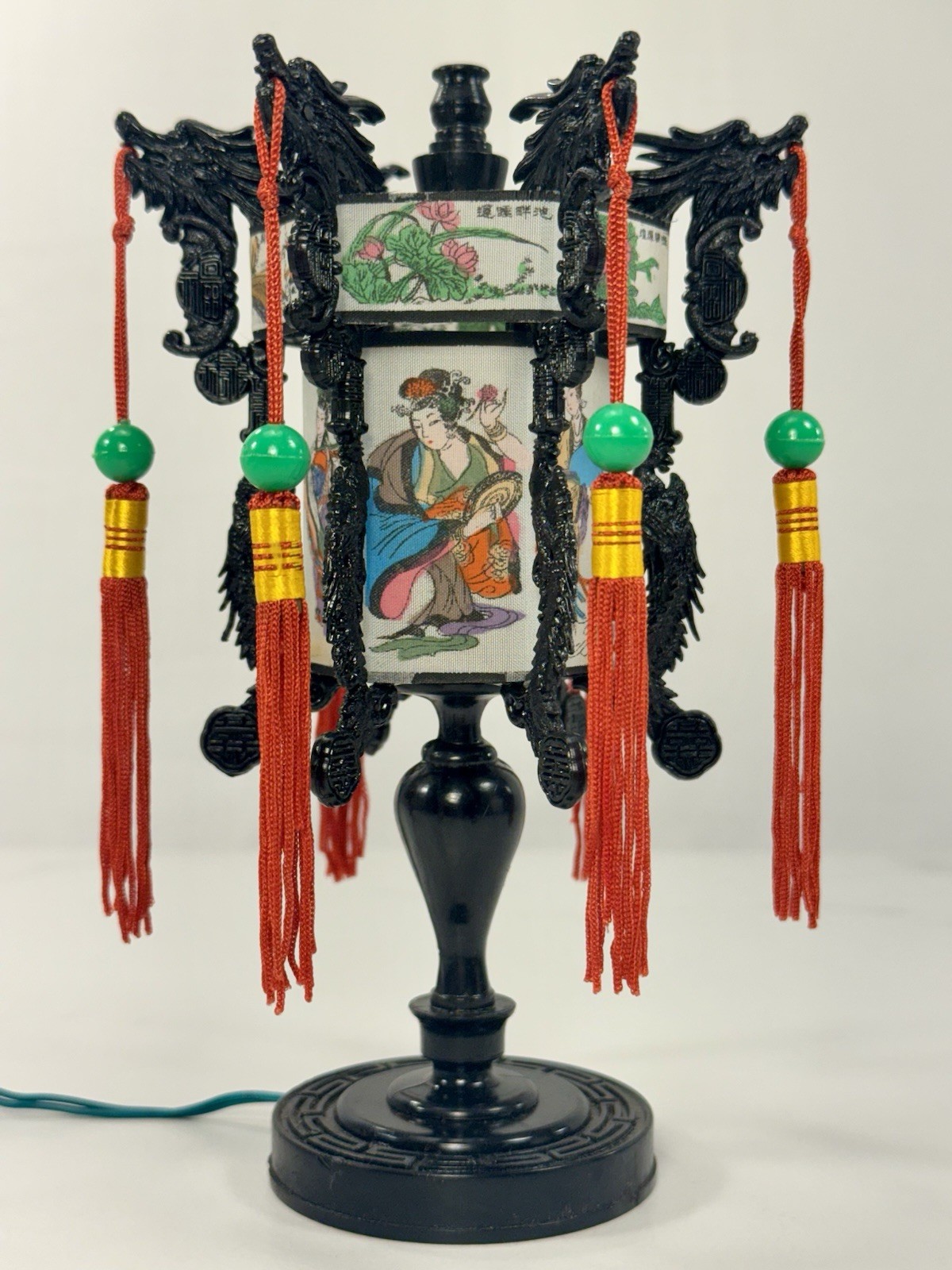 Vintage Chinese Dragon Lantern Table Lamp Light Asian Decor Red Tassels w Box