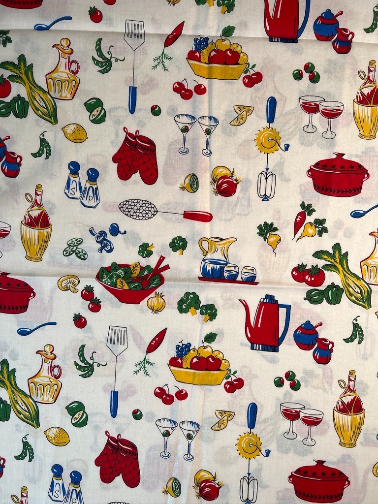Fabric Vintage 50s Retro Kitchen Tools Baking Cooking Tools Cranston 36″ X 44” W