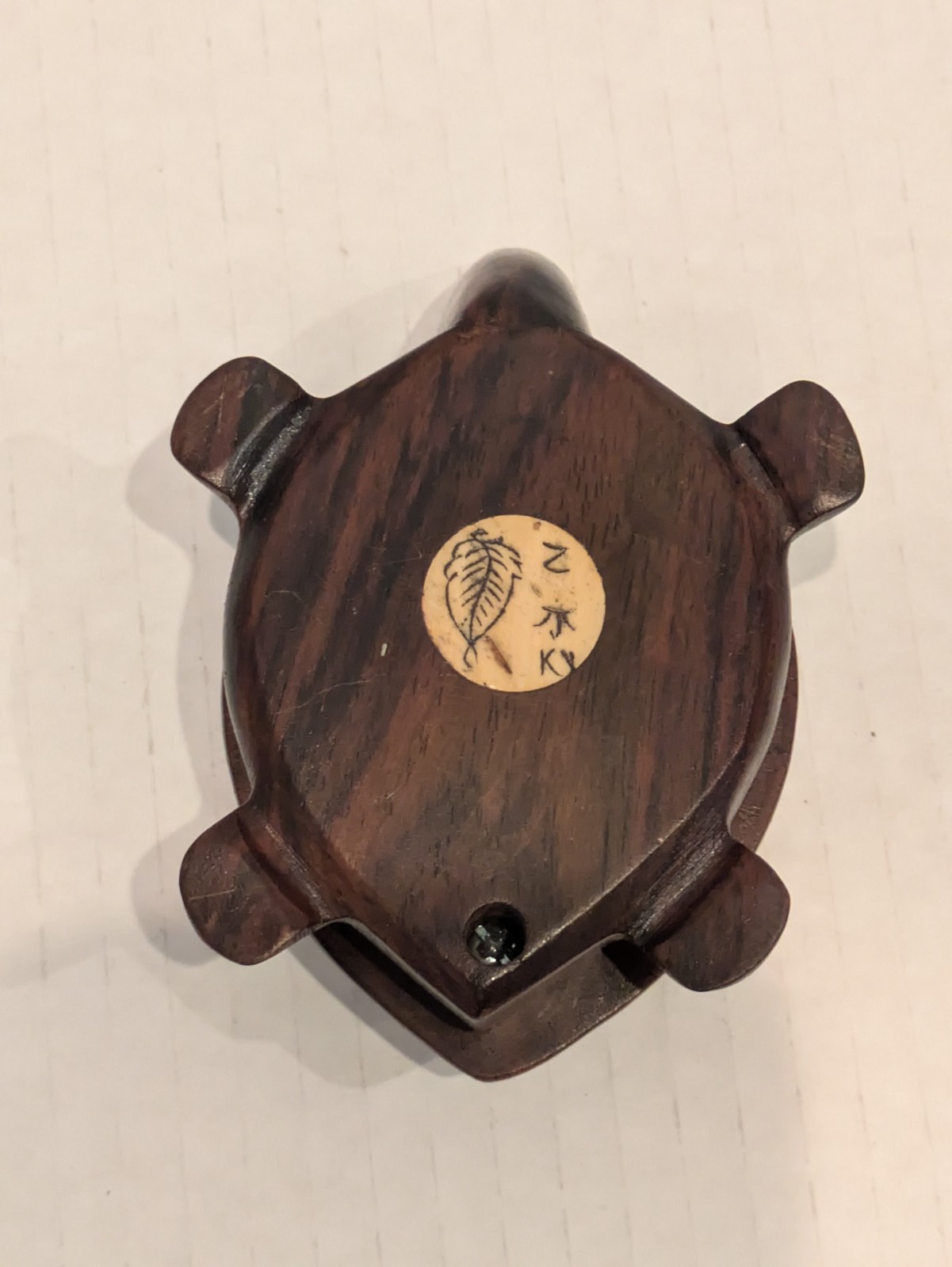 Vintage Carved Wood Turtle with Inlaid Chinese Zodiac Signs Opens to Compass
