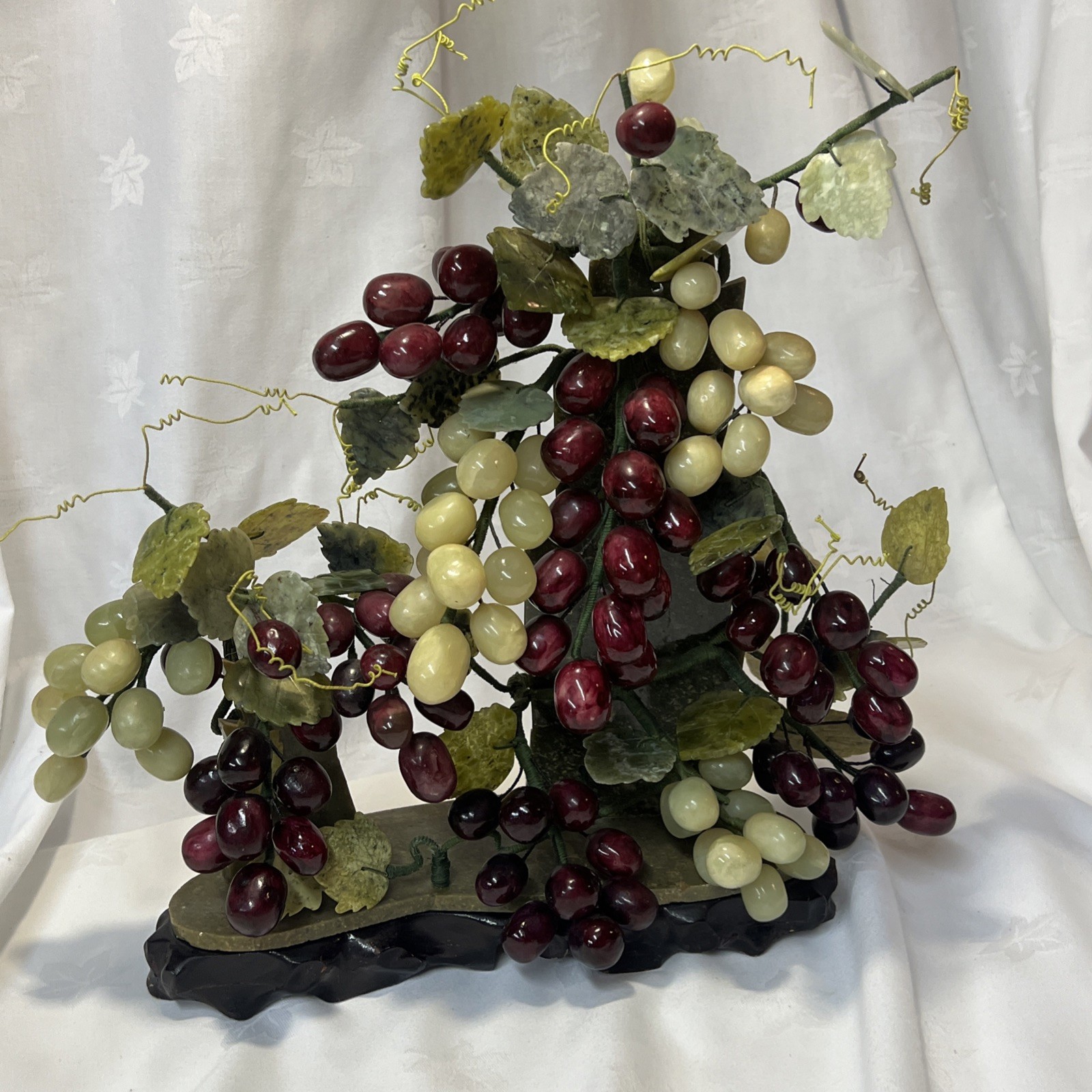 Asian Chinese Oriental Jade Stone Grape Fruit Bonsai Tree WoodenStand purple VTG