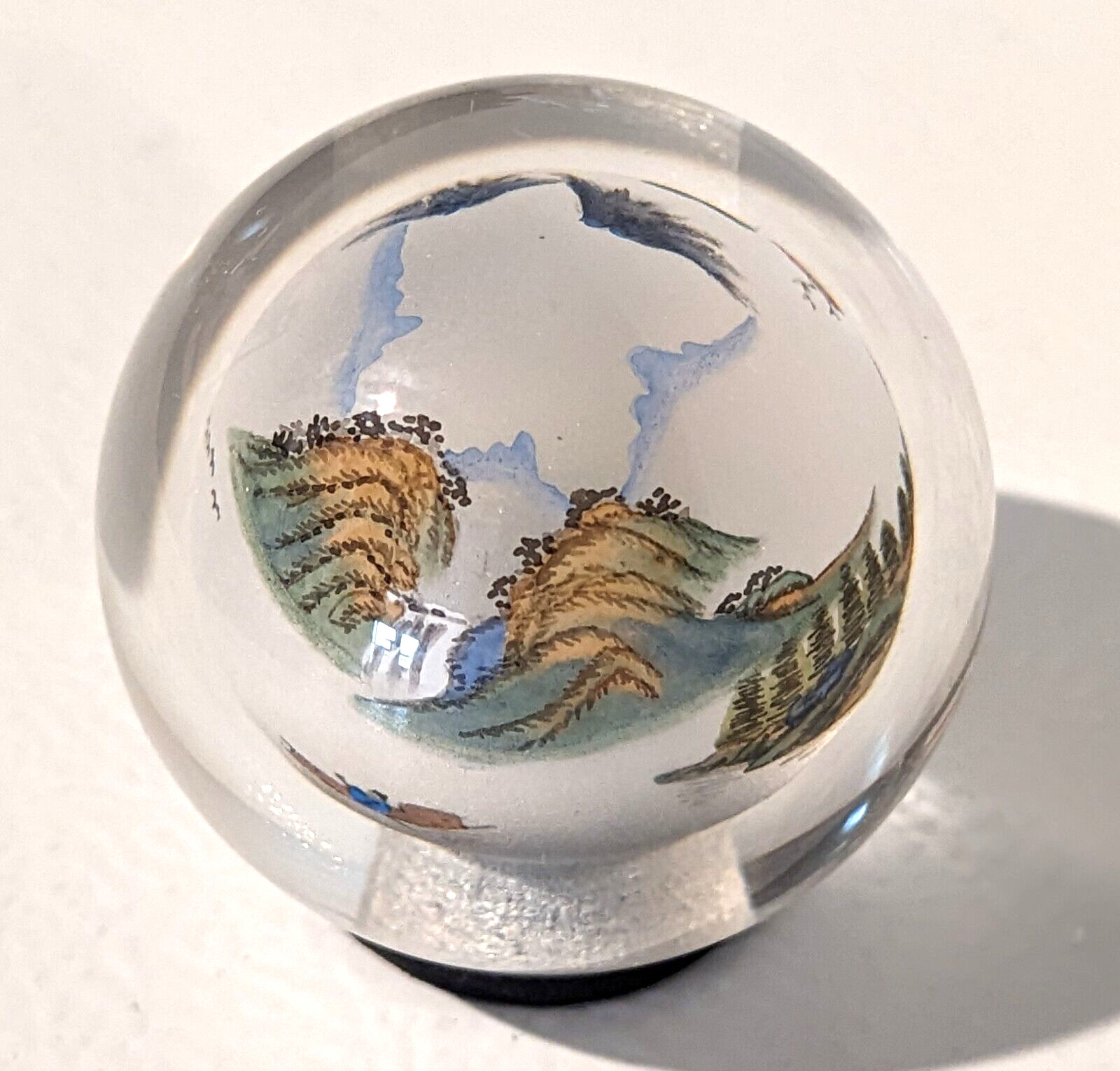 VTG Reverse Painted Glass Ball Sphere Paper Weight Oriental Mountain Scene