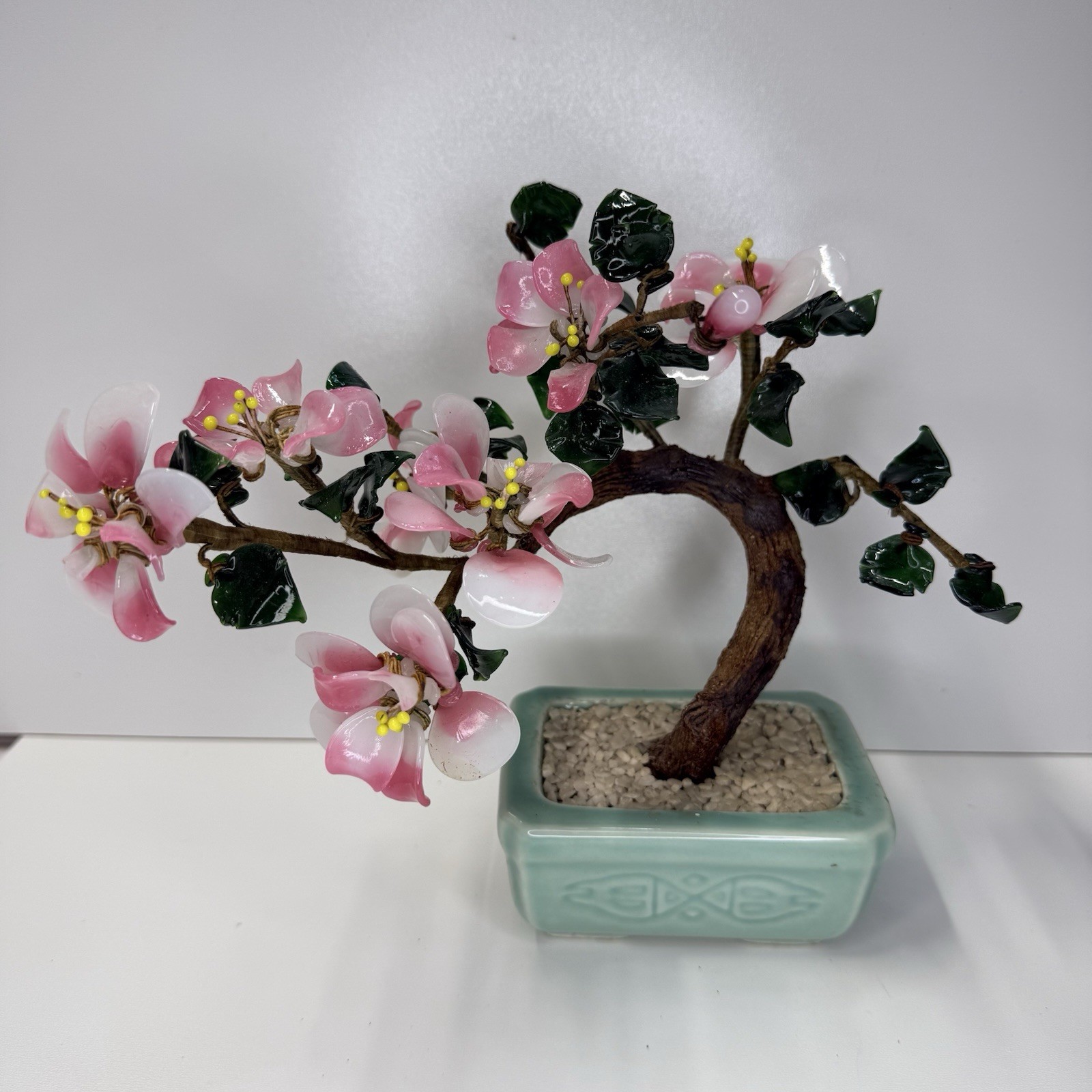Vintage 1980’s Glass Jade Cherry Blossom Bonsai Tree